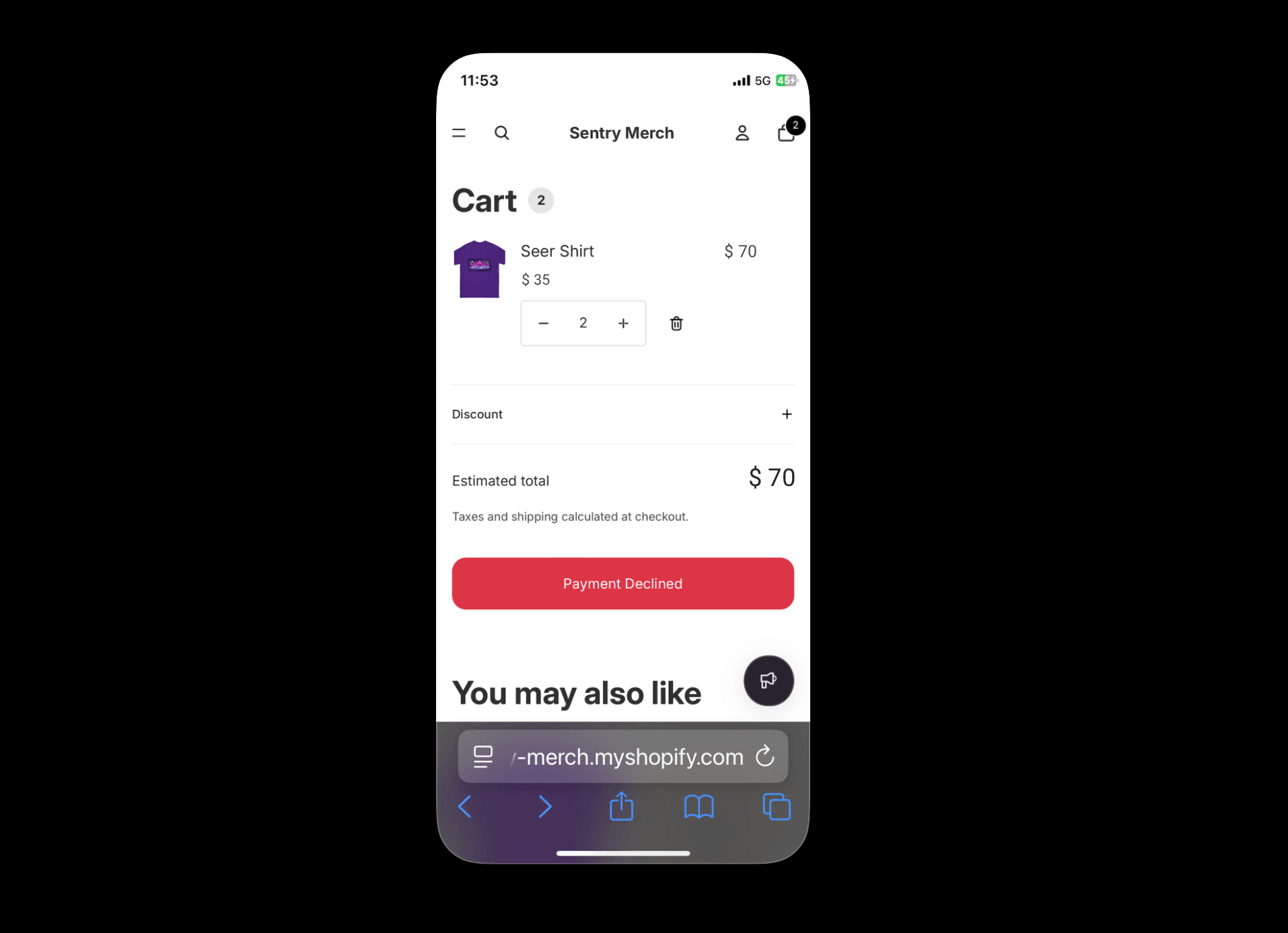Screenshot of a mobile Shopify checkout page for Sentry Merch showing a cart with two shirts and a red “Payment Declined” error message displayed above the feedback widget.