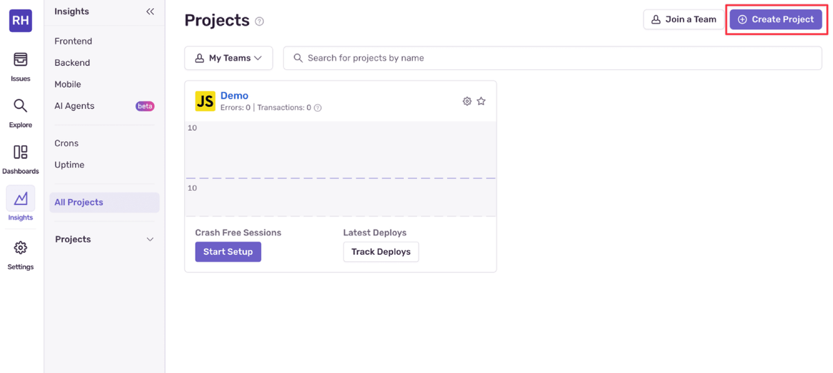 Screenshot of the Sentry Insights dashboard showing the Projects page with an existing JavaScript demo project and the ‘Create Project’ button highlighted in purple at the top right.