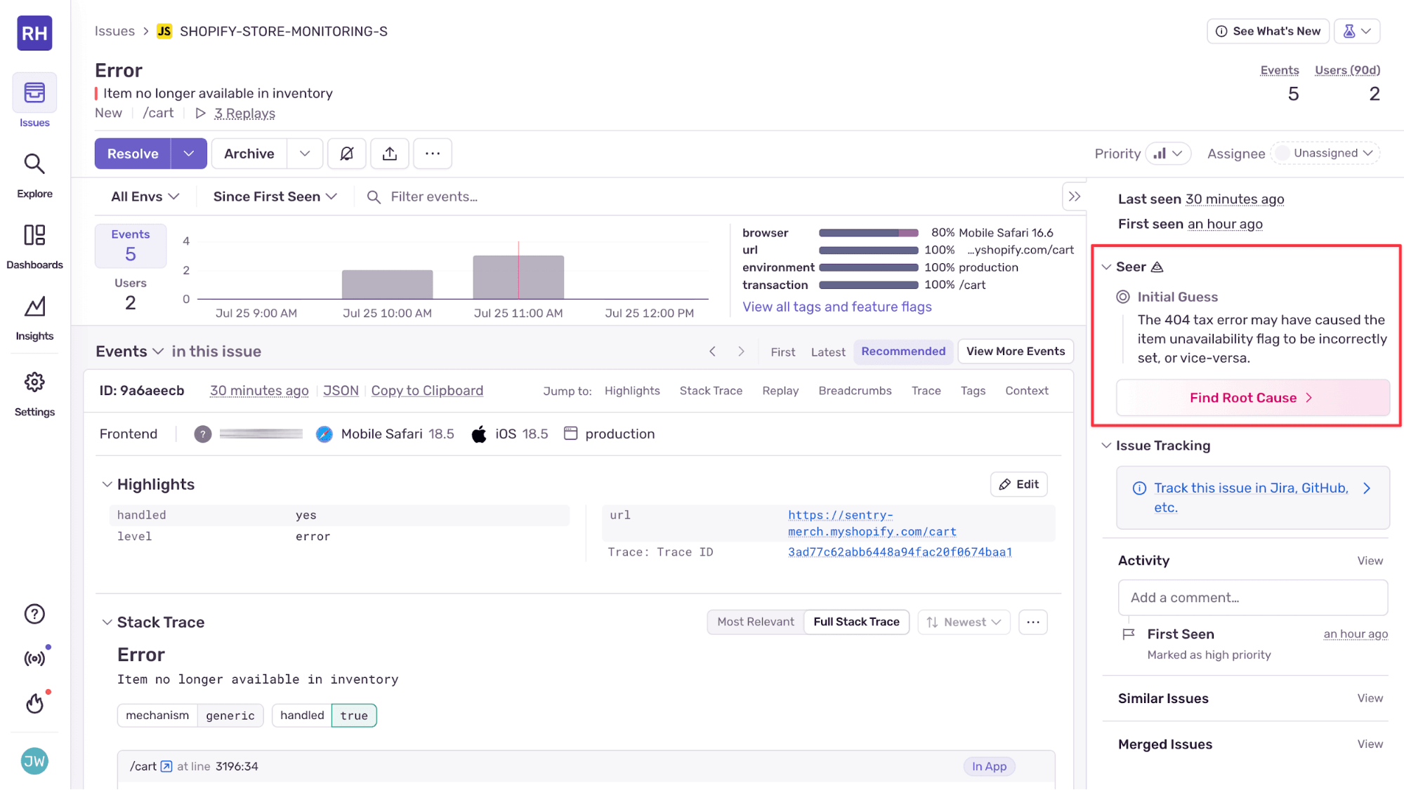 Screenshot of the Sentry issue details page showing an error titled “Item no longer available in inventory” with the Seer AI panel highlighted, suggesting a root cause linking the 404 tax error to the incorrect inventory flag.