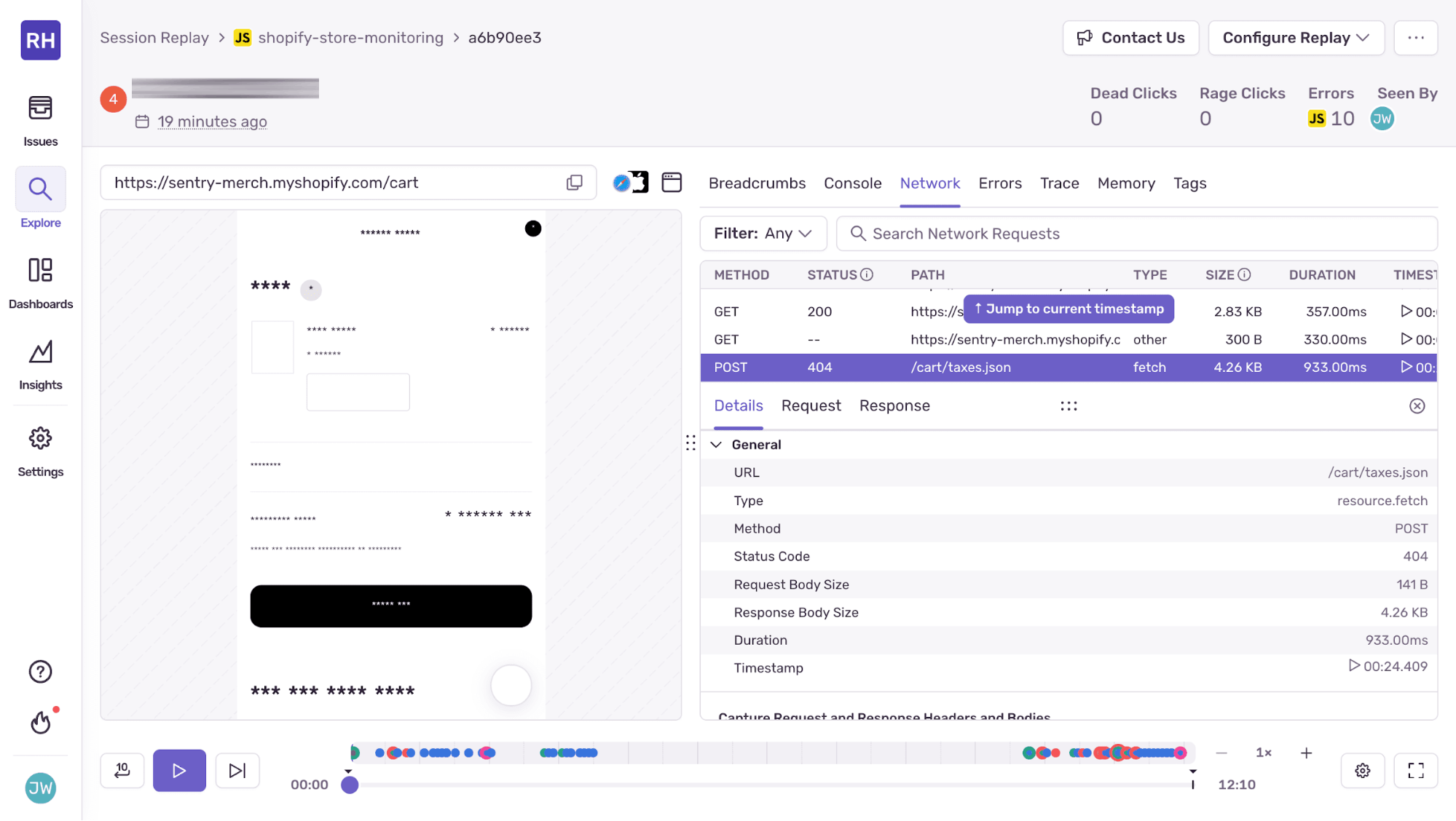 Screenshot of the Sentry Session Replay Network tab showing a failed POST request to `/cart/taxes.json` returning a 404 error during a Shopify checkout session, used to debug API failures in the checkout flow.
