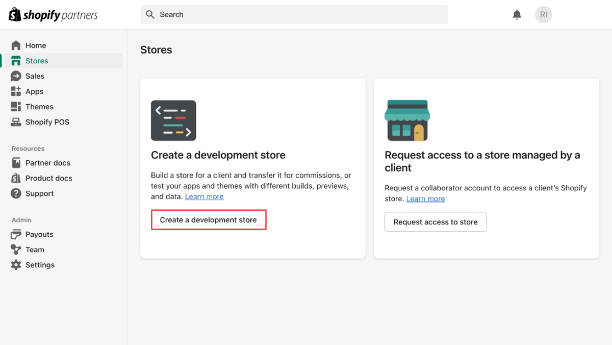Screenshot of the Shopify Partners dashboard showing the Stores page with the “Create a development store” button highlighted, used to build and test Shopify development stores.